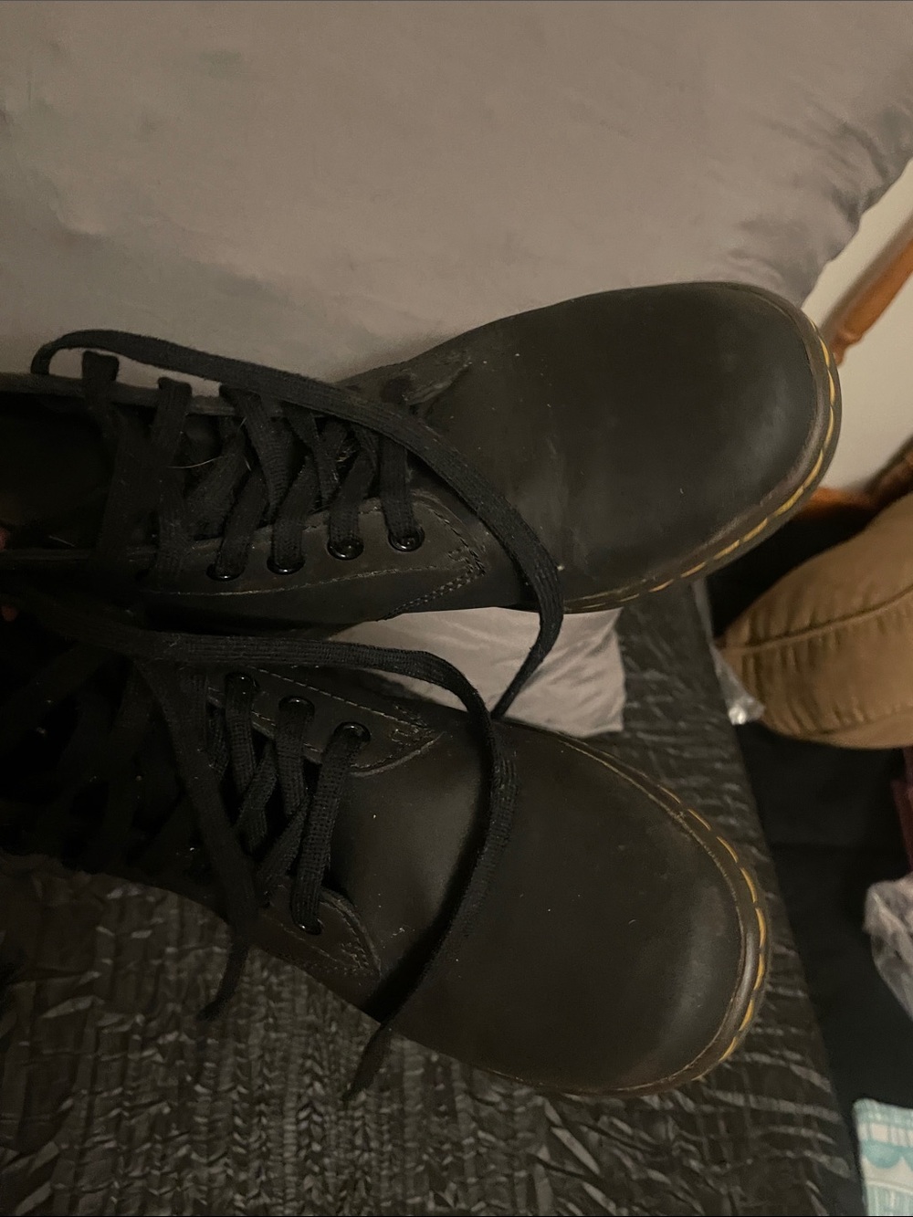 Dr. Martens Black Lace-Up Leather Boots with Yellow Stitching - Picture 12 of 17